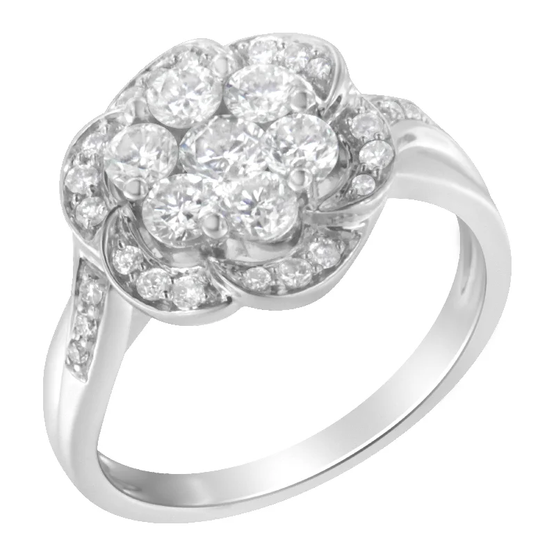 women floral engagement rings -14K White Gold Floral Cluster Diamond Ring