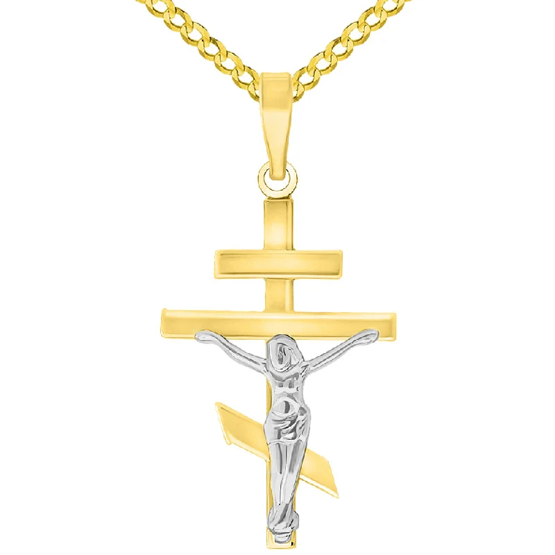 women pearl pendant necklaces -High Polish 14k Yellow Gold Two Tone Russian Orthodox Cross Crucifix Pendant with Cuban Curb Chain Necklaces