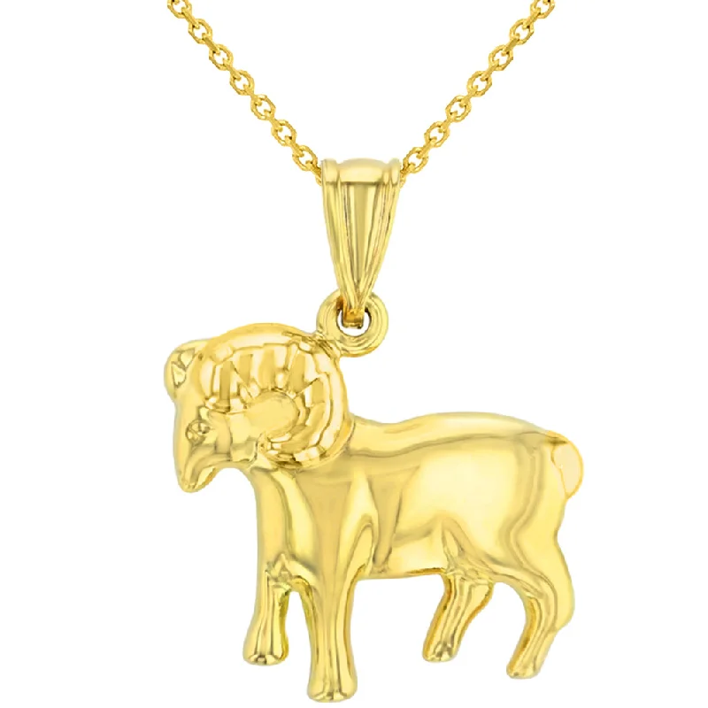 women matching necklaces -High Polish 14k Yellow Gold 3D Aries Zodiac Sign Ram Animal Pendant Necklace