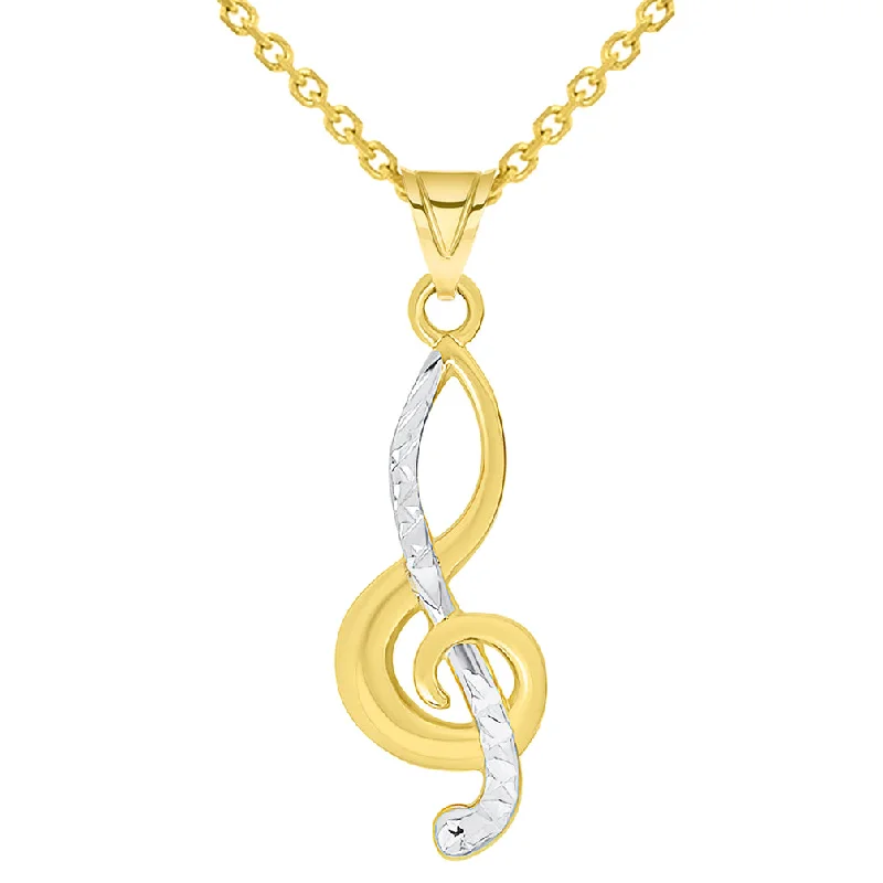 women diamond pendant necklaces -14k Yellow Gold Textured G Clef Charm Two Tone Musical Note Pendant Necklace Available with Cable Chain