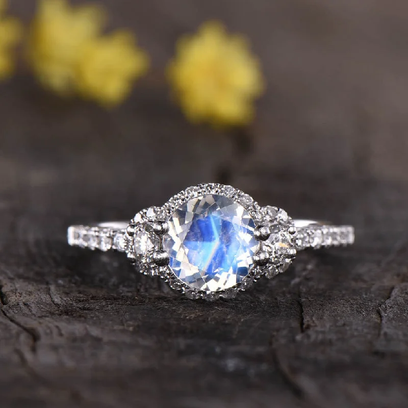 women engagement rings -14K/18K Vintage Round Moonstone Diamond Engagement Ring Three Stone