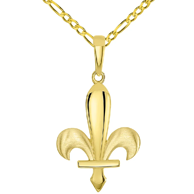 women gold plated necklaces -14k Yellow Gold Fleur-de-Lis Symbol Pendant with Figaro Curb Chain Necklace