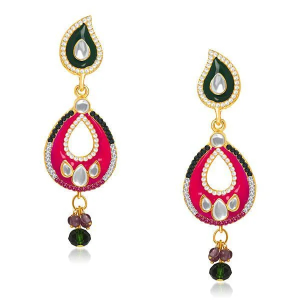 women mismatched earrings -Kriaa Pink And Black Meenakari Kundan Dangler Earrings - 1304627