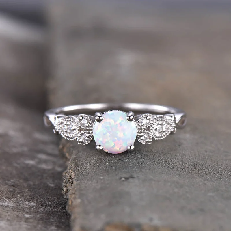 women cushion engagement rings -Milgrain White  Opal Engagement Ring White Gold Leaf Diamond