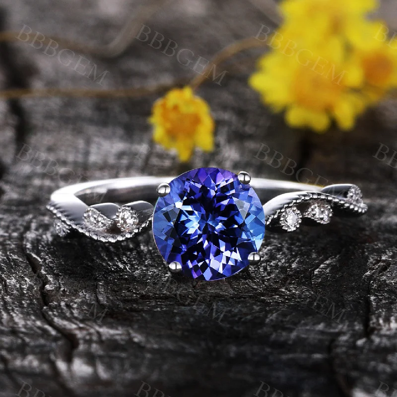 women gold engagement rings -Round Tanzanite engagement ring floral ring diamond promise ring rose gold