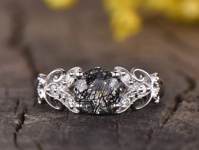 women engraved wedding bands -Black Rutilated Quartz Diamond Engagement Ring White Gold