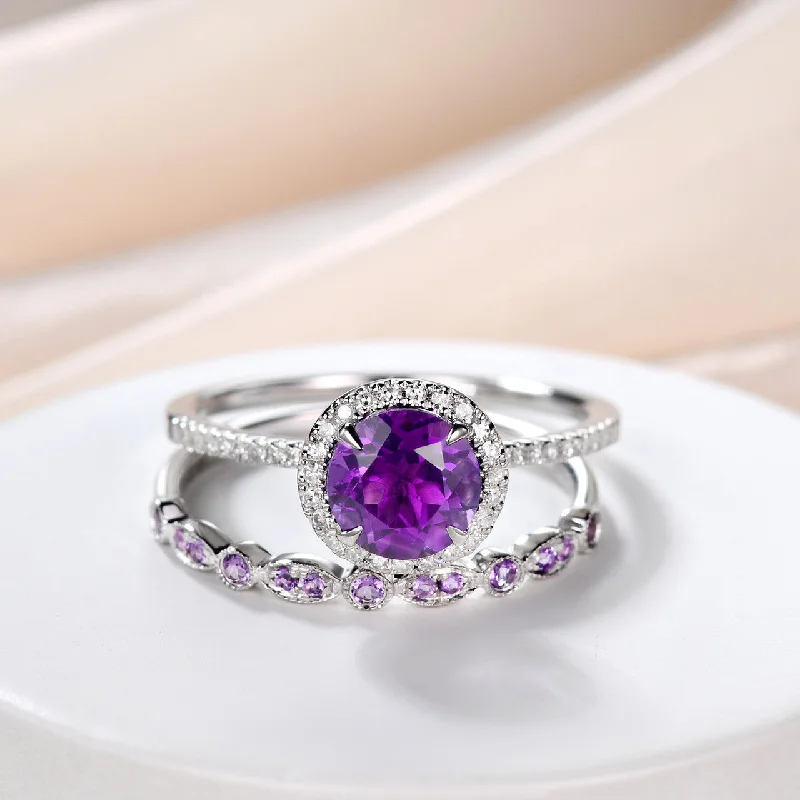 women rose gold solitaire engagement rings -Amethyst Engagement Ring Amethyst Wedding Band Diamond White Gold Band Gift For Her Promise Women Anniversary February Birthstone 2pcs