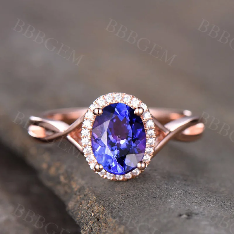 women round engagement rings -Oval Tanzanite engagement ring diamond rose gold halo ring bridal jewelry