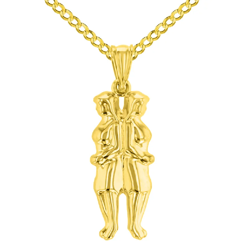 women gemstone pendant necklaces -High Polish 14k Yellow Gold 3D Gemini Twins Zodiac Sign Pendant with Cuban Curb Chain Necklace