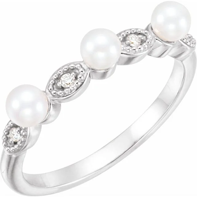 women sapphire rings -Sterling Silver Pearl & .03 CTW Diamond Stackable