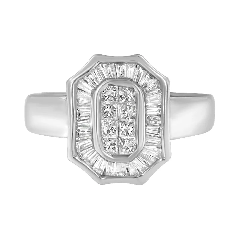 women eternity engagement rings -14K White Gold 1.00 Cttw Baguette and Princess-Cut Diamond Cocktail Art Deco Style Ring