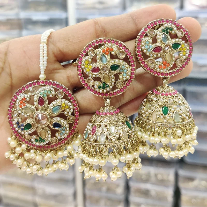 women trendy stud earrings -Anjali Jewellery Gold Plated Crystal Stone And Pearls Jhumki Earrings With Maangtikka