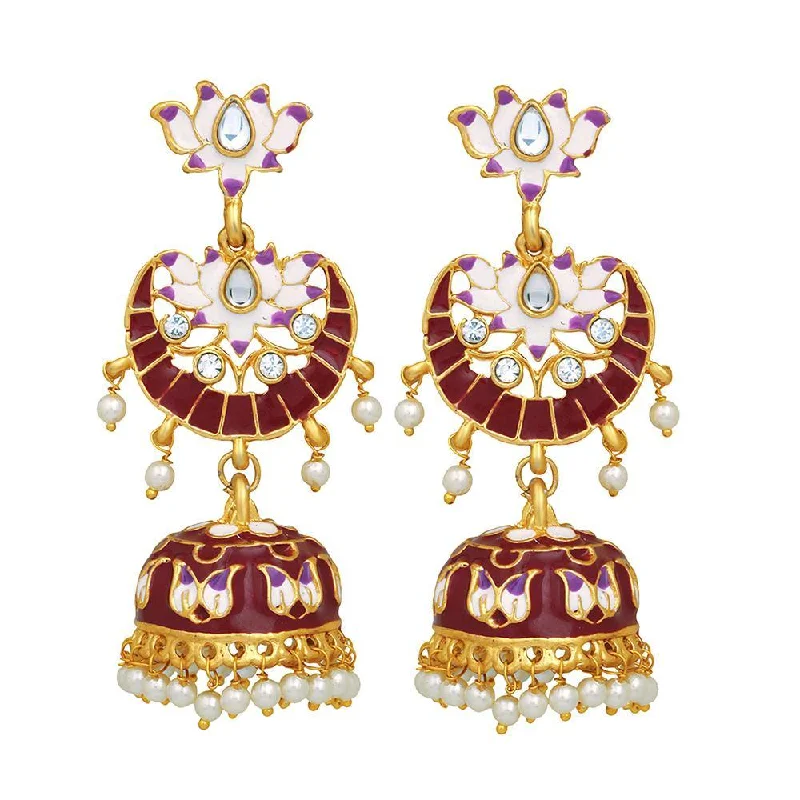 women butterfly stud earrings -Mahi Maroon Meenakari Work Enamelled Lotus Shaped Artificial Pearl and Crystal Dangle Jhumka Earrings for Women (ER1109710GMrn)