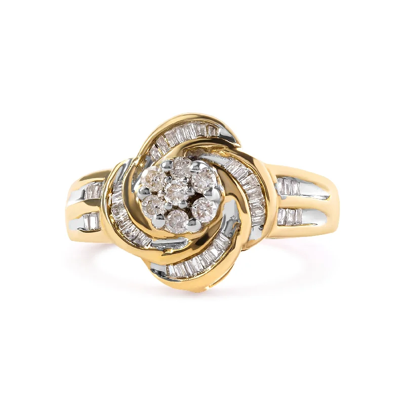 women halo engagement rings -10K Yellow Gold 1/2 Cttw Round and Baguette Diamond Flower Swirl Cocktail Ring