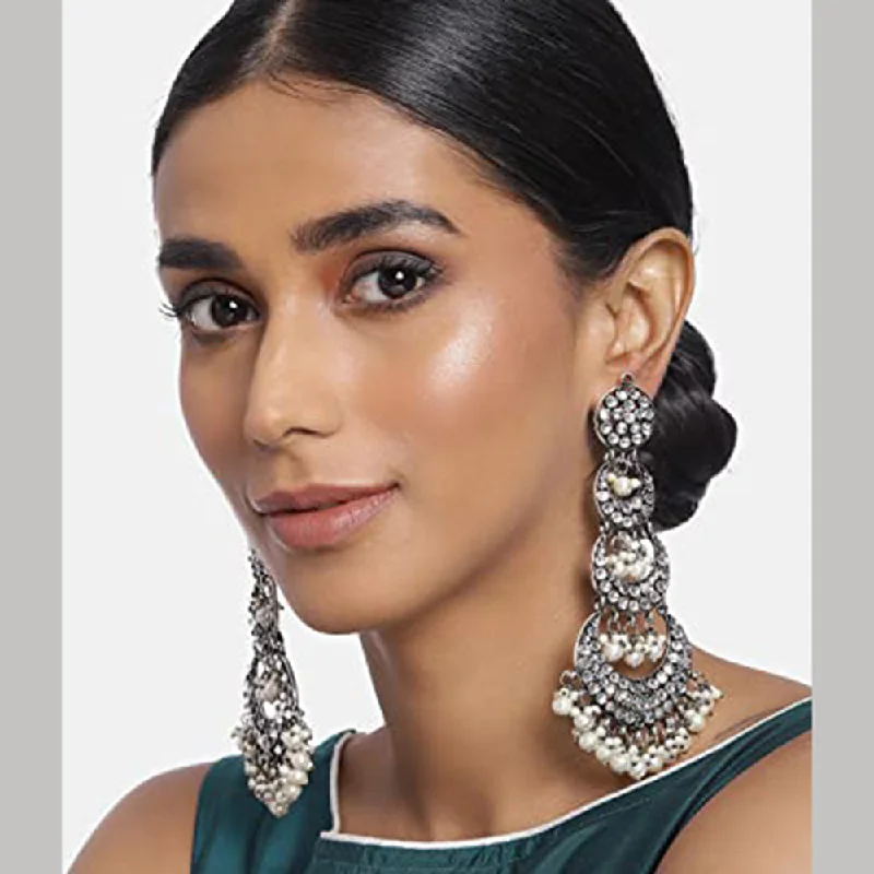 women crystal drop earrings -Etnico Women's 18k Silver Oxidized Intricately Designed Traditional Earrings with Hair Chain Encased with Kundans and Pearls (E2909OX)