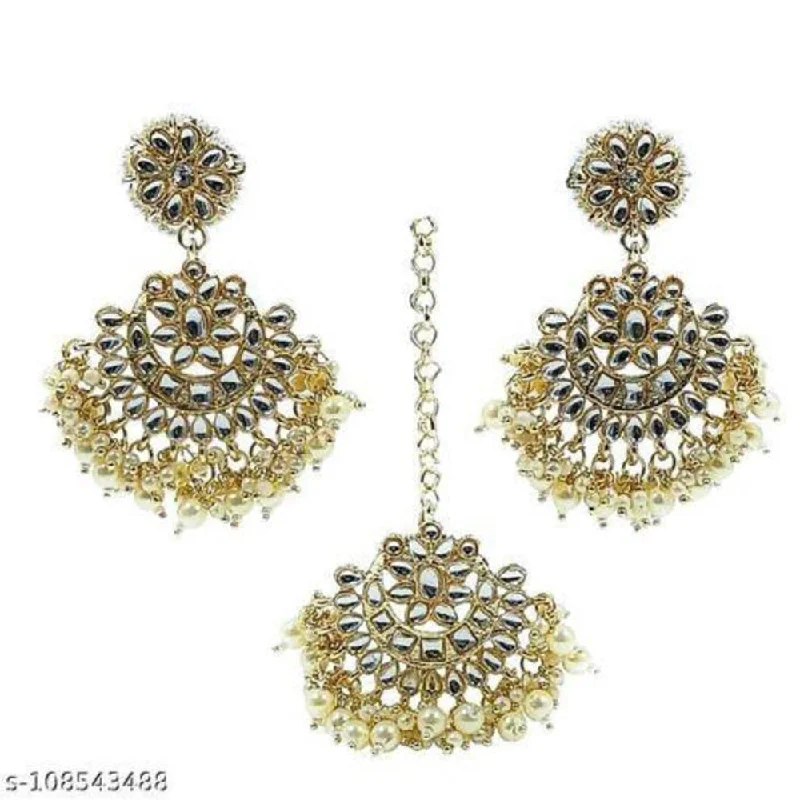 women vintage earrings -Jcm Jewellery Gold Plated Kundan Stone And Pearls Dangler Earrings With Maangtikka