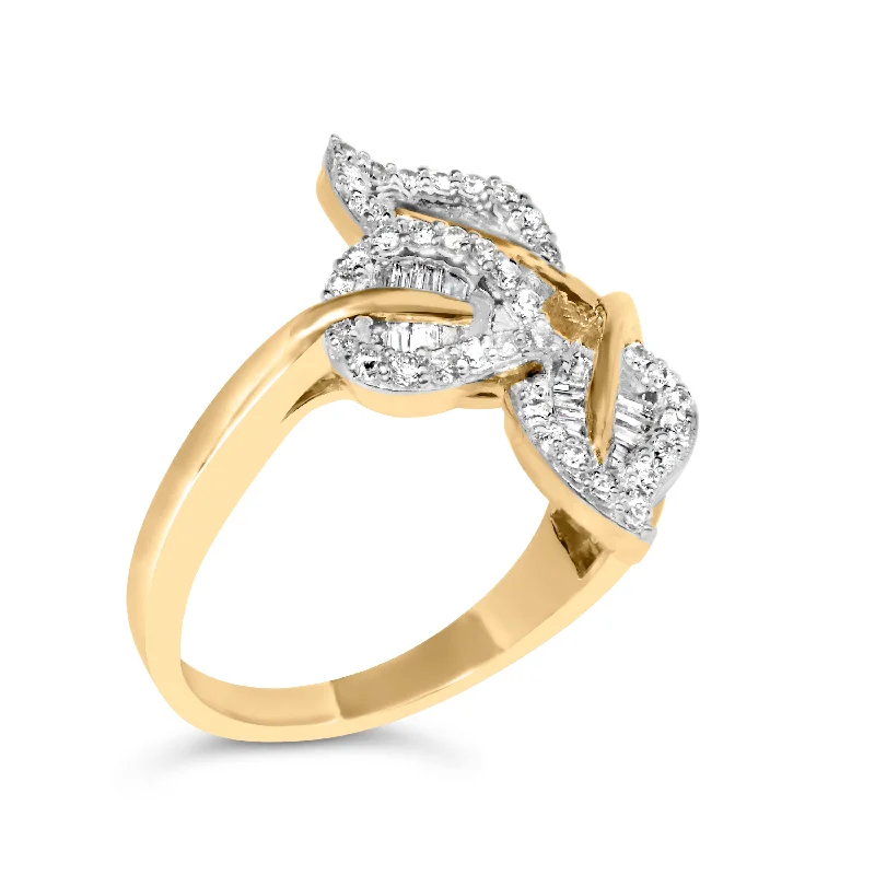 women gold solitaire engagement rings -10k Yellow and White Gold 1/2 Cttw Baguette and Round Diamond Bypass Triple Leaf Ring