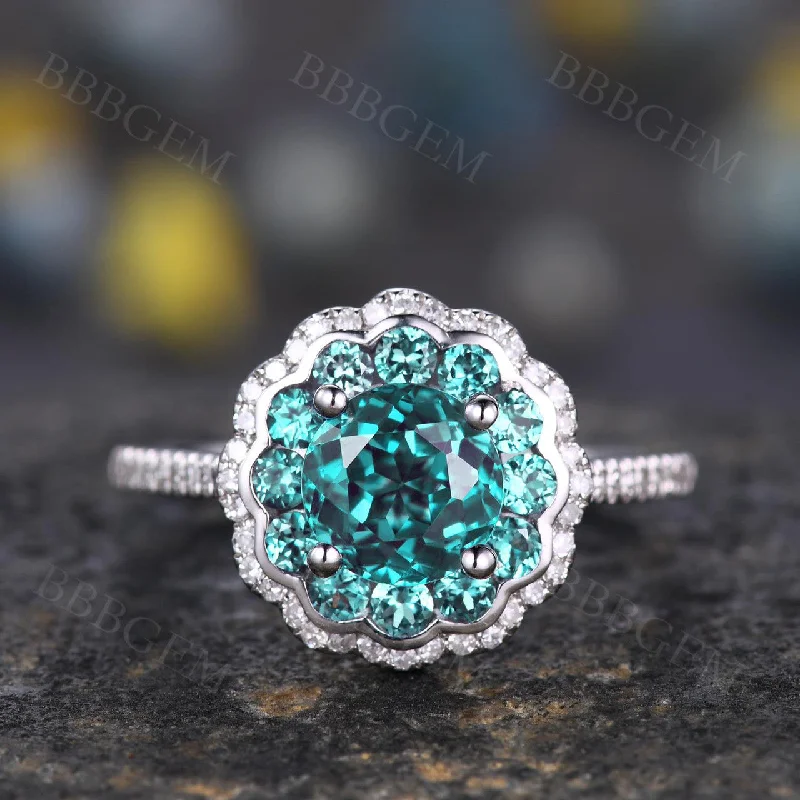 women custom halo engagement rings -1 Carat Alexandrite Ring Floral Halo Engagement Ring Vintage Romantic