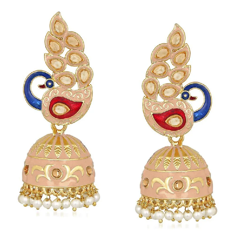 women statement earrings -Mahi Traditional Ethnic Pink Meena Peacock Dangle Jumka Earrings with Pearl For Women (ER1109746GPin)