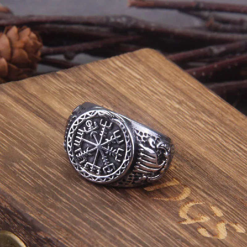 women cushion diamond rings -Vegvisir Compass Drakkar Ring - Stainless Steel