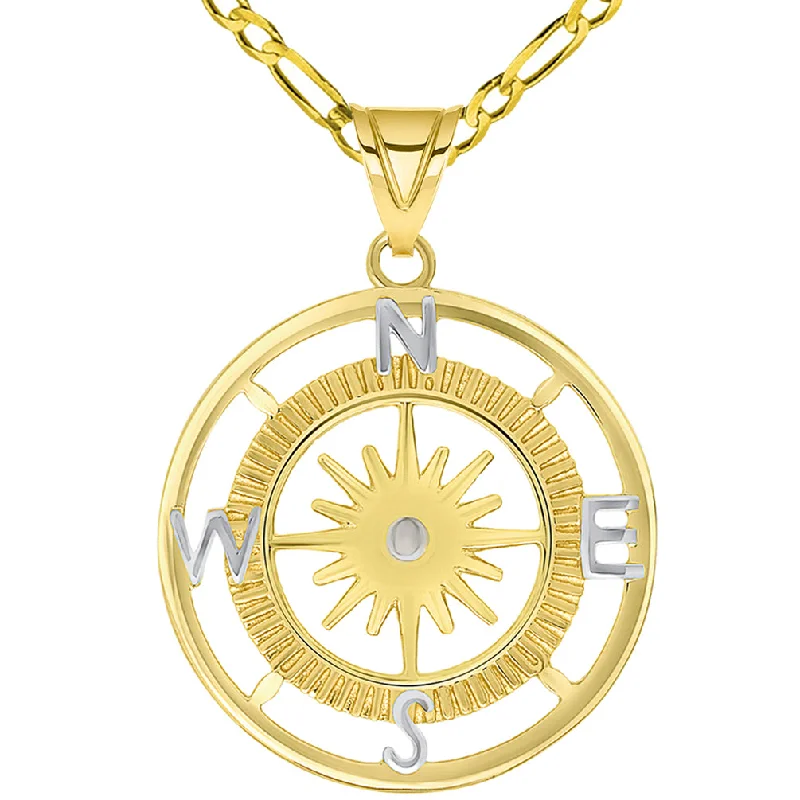 women adjustable necklaces -14k Yellow Gold Two Tone 16-Wind Point Compass Rose Pendant Necklace Available with Figaro Chain Necklaces