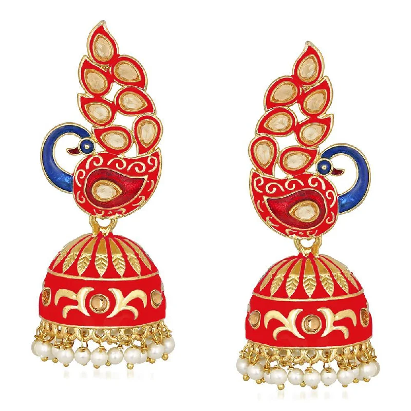 women minimalistic earrings -Mahi Traditional Ethnic Red Meena Peacock Dangle Jumka Earrings with Pearl For Women (ER1109748GRed)