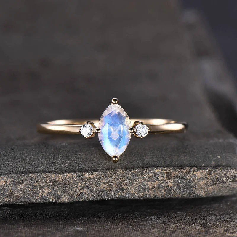 women antique-style engagement rings -Unqiue Marquise Moonstone Engagement Ring Three Stone