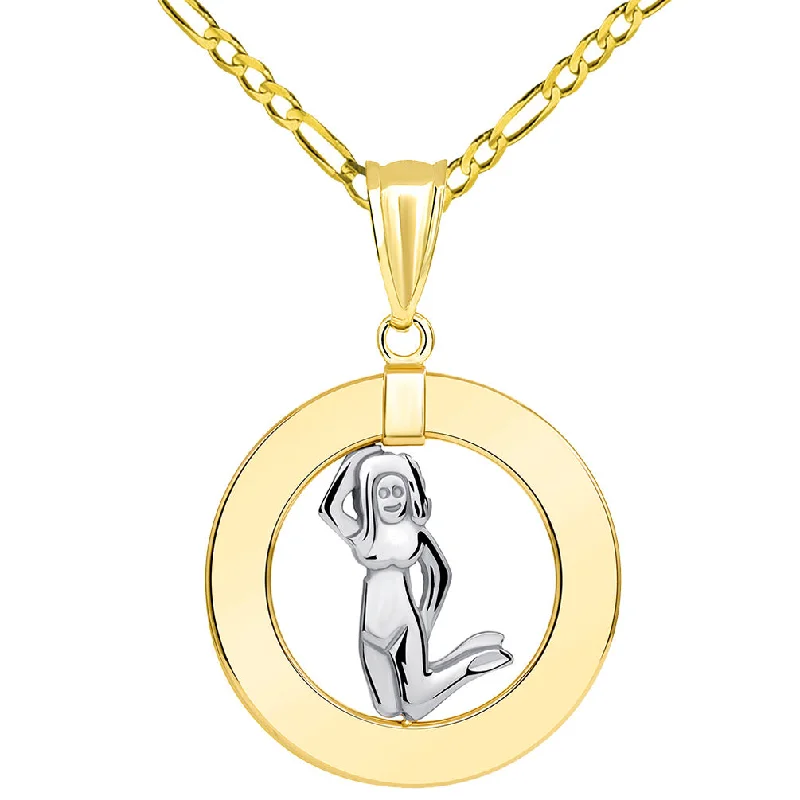 women art deco necklaces -14k Two Tone Gold Open Circle Virgo Zodiac Sign Pendant Figaro Necklace