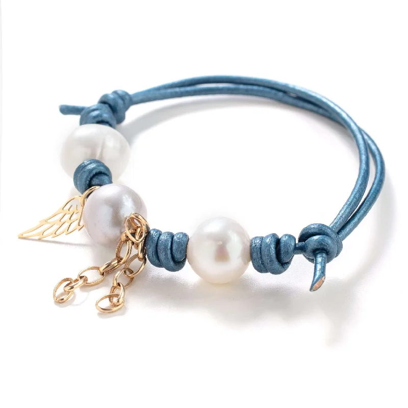 women chunky gold bracelets -Metallic Ocean Pearl Gold Angel Wing Chain Leather Bracelet