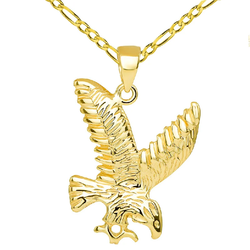 women gold chain necklaces -14k Solid Yellow Gold Soaring American Eagle Animal Pendant with Figaro Chain Necklace