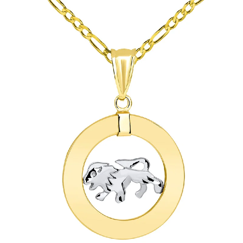 women silver necklaces -14k Two Tone Gold Open Circle Leo Zodiac Sign Pendant Figaro Necklace