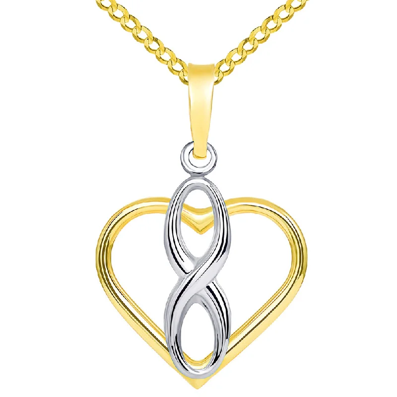 women twisted chain necklaces -14k Two Tone Gold Vertical Infinity Sign in Open Heart Pendant with Cuban Necklace