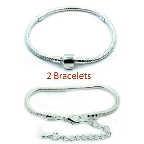 women silver cuff bracelets -2 (Two) 8" Silver Tone Snake Chain Classic Bead Barrel Clasp +Starter Master Lobster Clasp Bracelet.