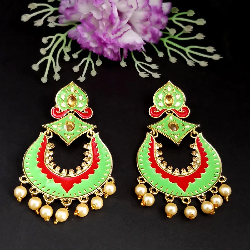 women colorful earrings -Woma Kundan Green Meenakari Dangler Earrings