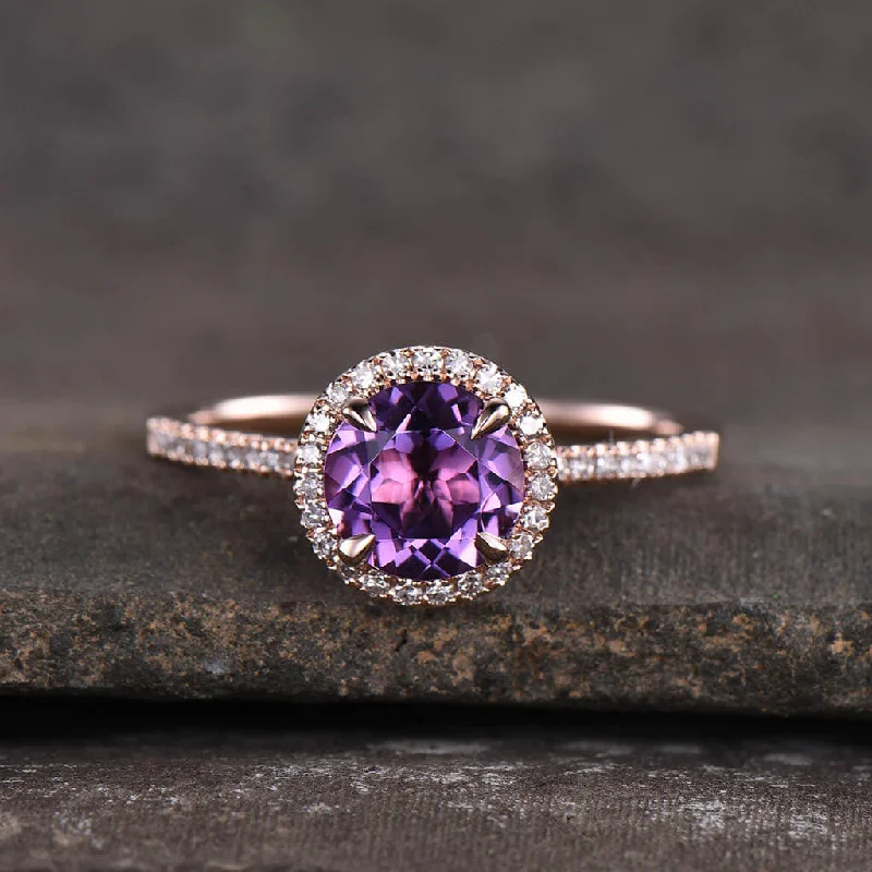 women affordable diamond engagement rings -Natural 7mm Round Cut Amethyst Engagement Ring Diamond Wedding Ring 14k Rose Gold Halo Prong Set