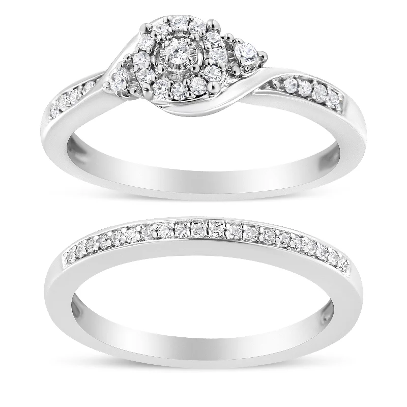 women floral engagement rings -.925 Sterling Silver 1/4 Cttw Diamond Halo and Swirl Engagement Ring and Wedding Band Set