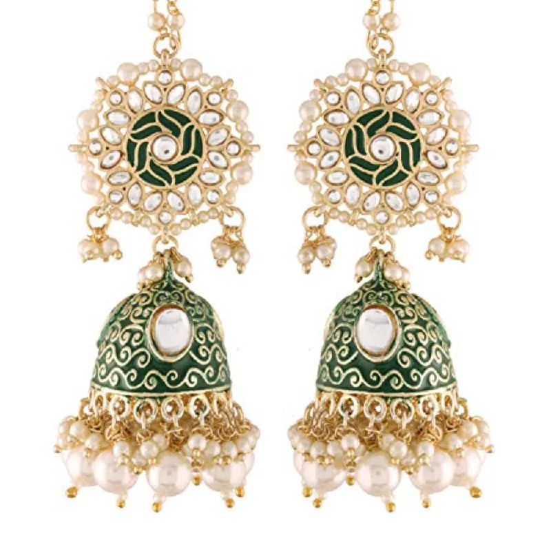 women oval earrings -Etnico 18K Gold Plated Alloy Intricately Designed Traditional with Detachable Hair Chain Encased with Kundans and Pearls Jumki Earrings For Women (E2906G)