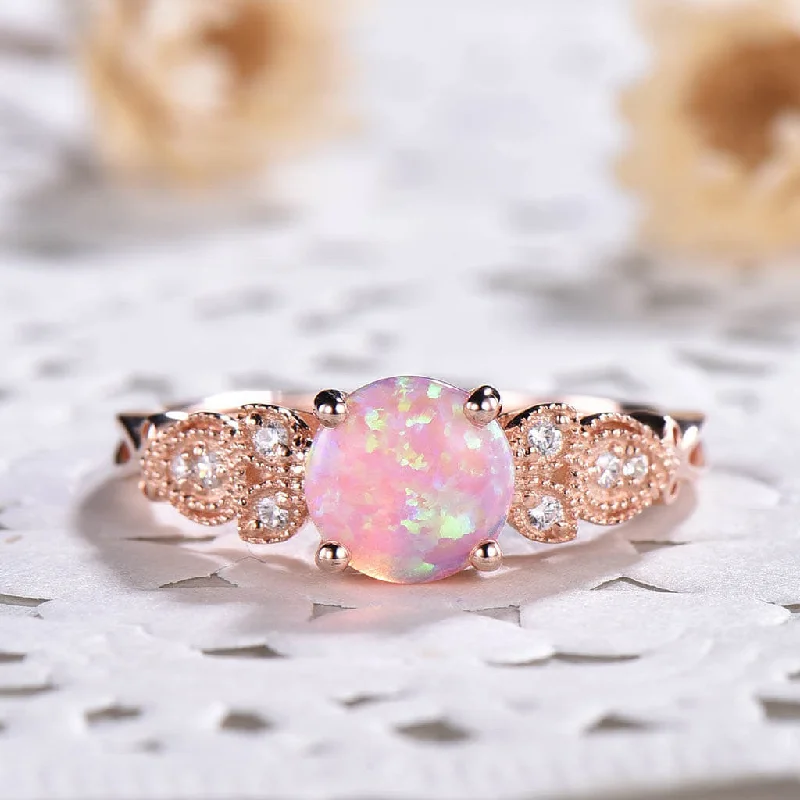 women custom engagement rings -Floral Pink Fire Milgrain Opal Engagement Ring 14k/18k Rose Gold