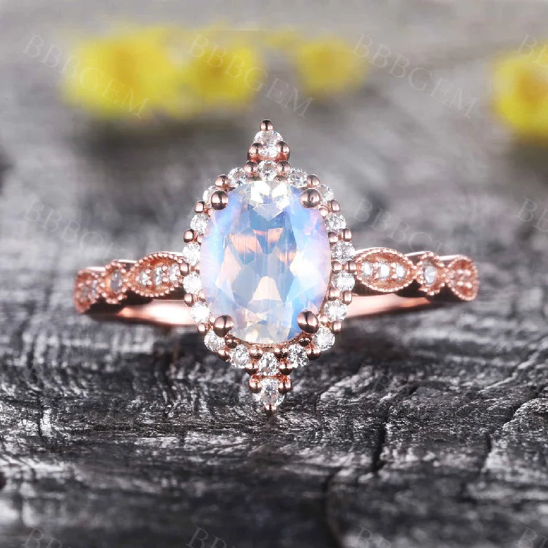 women diamond-accent engagement rings -Rose Gold Moonstone Engagement Ring Vintage Floral Halo Diamond Promise Bridal Ring