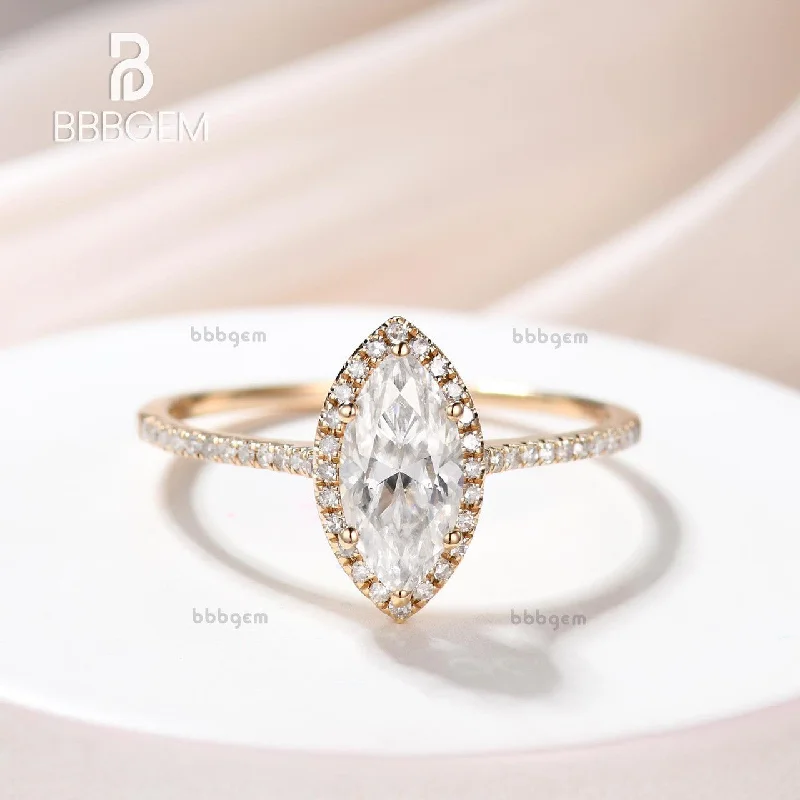 women vintage engagement rings -1ct Rose Gold Moissanite Engagement Ring Marquise Shaped Bridal Wedding Ring Halo Diamond Half Eternity Band Women Anniversary Gift