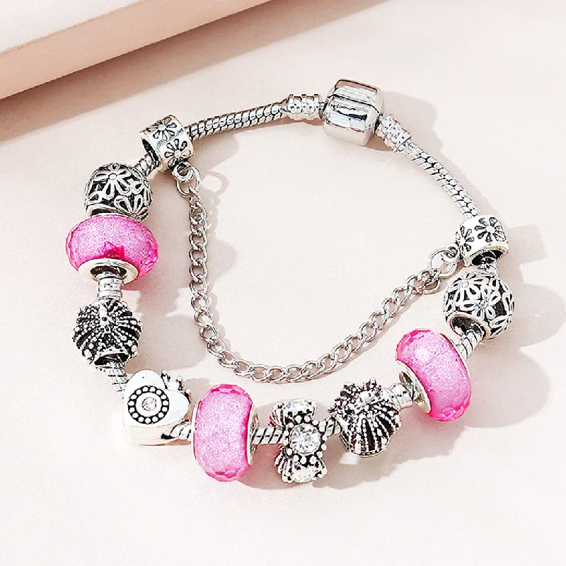 women colorful bracelets -Luxe6222 - Vintage Heart with Pink Beads Charm Bracelet