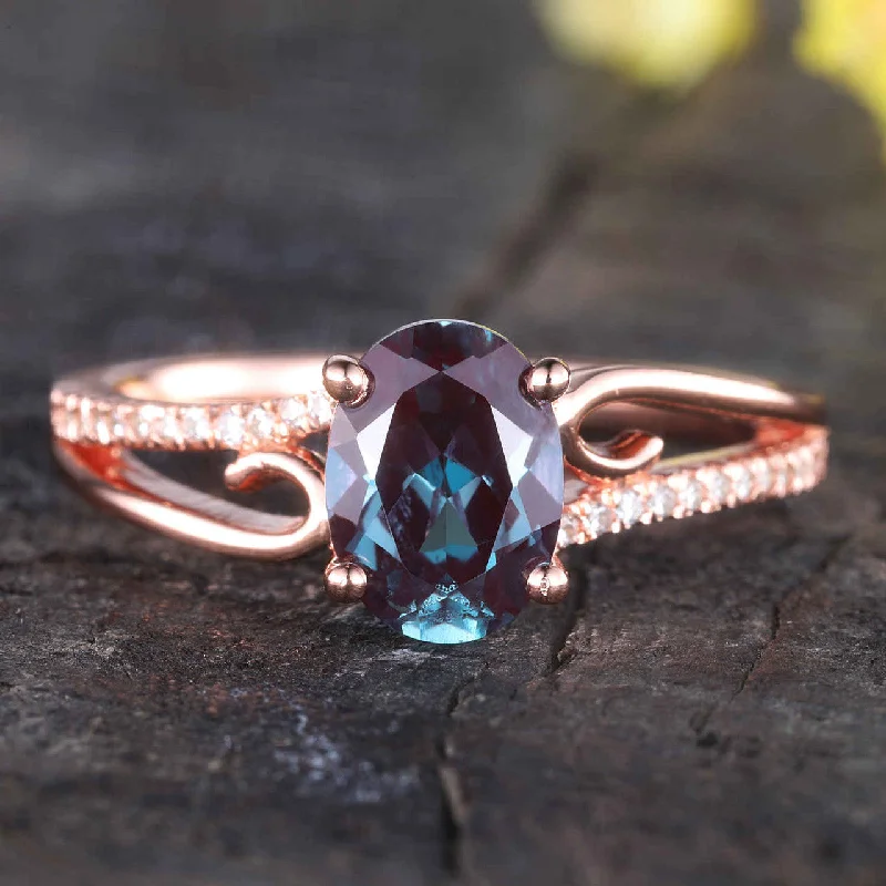 women custom halo engagement rings -Alexandrite Engagement Ring,Split shank rose gold ring,diamond wedding band,unique engagement rings for women