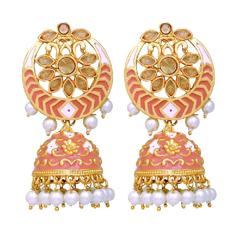 women engraved earrings -Mahi Carrot Pink Meenakari Work Enamelled Artificial Pearl Jhumki Earrings for Women (ER1109709GCrt)