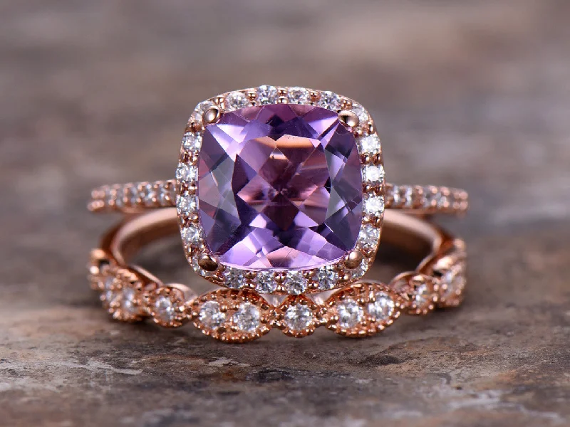 women antique-style engagement rings -2pcs 8mm Cushion Amethyst Engagement ring petite rose gold plated CZ Bridal ring milgrain edge ring