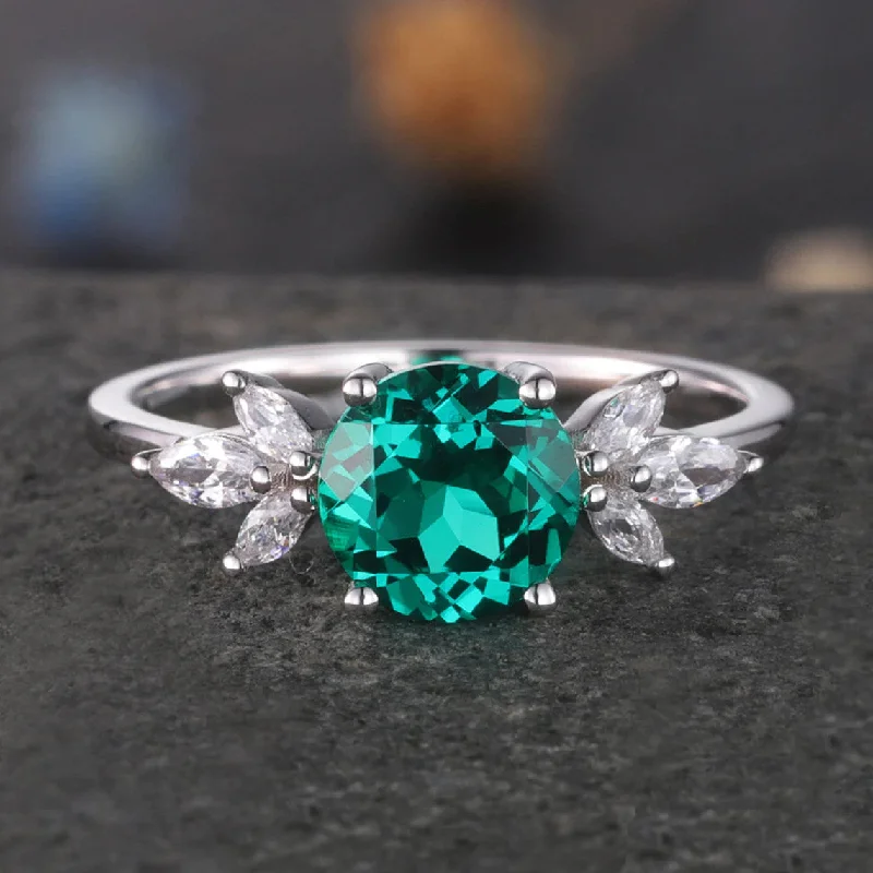 women halo engagement rings -Vintage Emerald Diamond Engagement Ring Round Cut Diamond Promise Ring