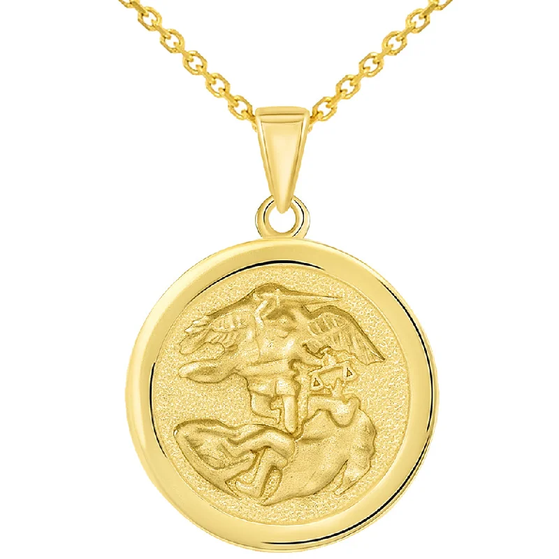 women engagement necklaces -Solid 14k Yellow Gold Round Saint Michael the Archangel Medallion Pendant Necklace