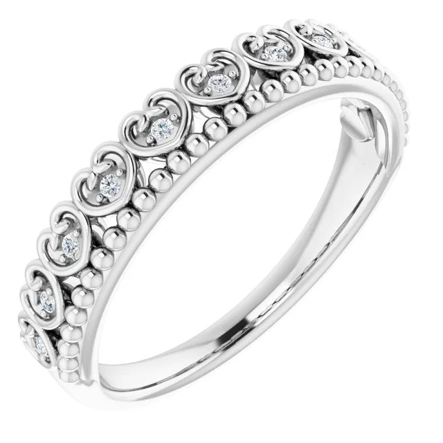 women engraved rings -Sterling Silver .05 CTW Diamond Beaded Heart Stackable Ring