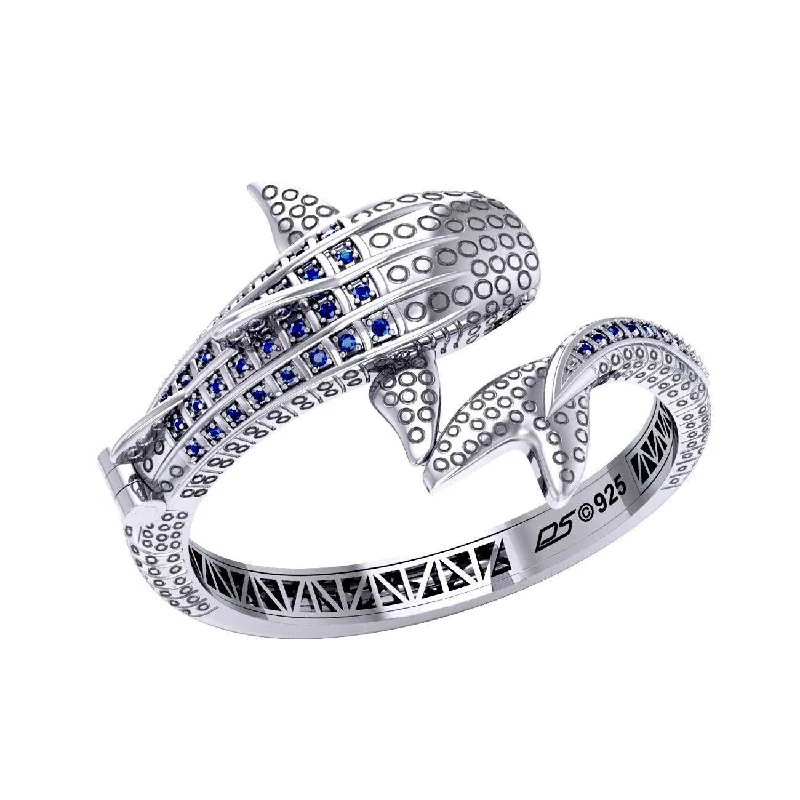 women stackable bangles -Whale Shark Silver Cuff Bracelet with Gemstones and Locking System TBA300