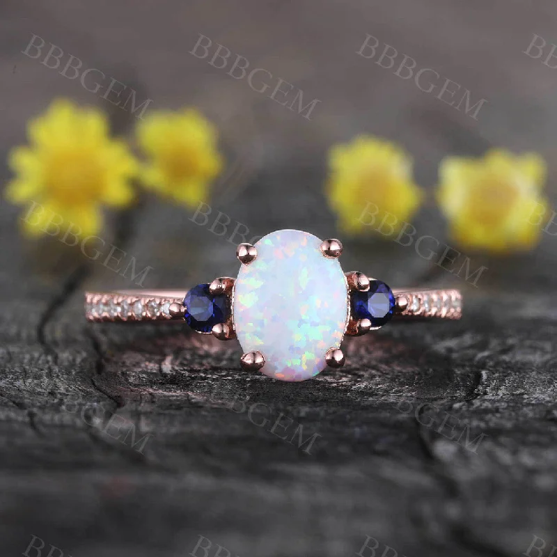 women affordable diamond engagement rings -14K Rose Gold Opal Cluster Engagement Ring for Women Sapphire Diamond Ring Statement Ring