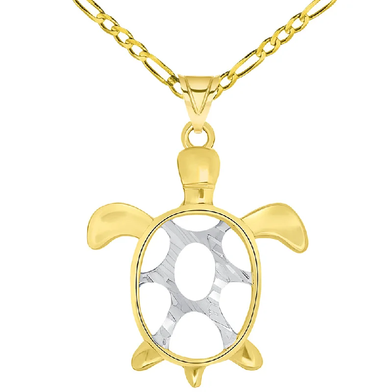 women designer necklaces -14k Yellow Gold Textured Two Tone Open Shell Sea Turtle Good Luck Pendant Necklace Available with Figaro Chain